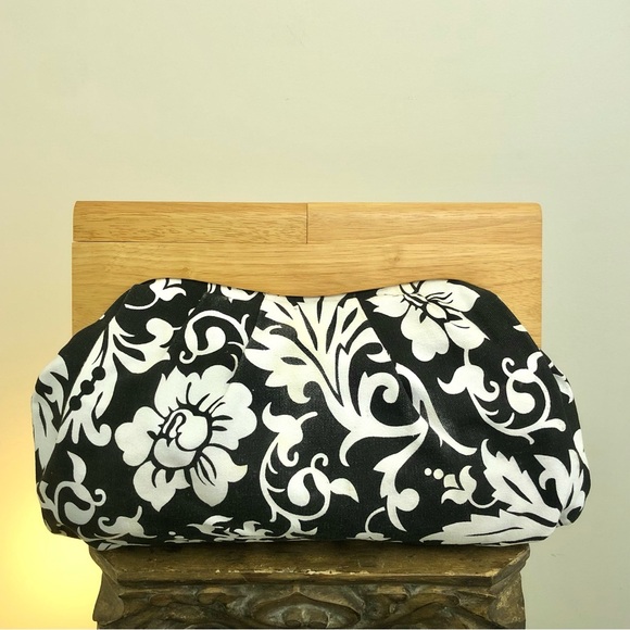 Floral Large Clutch Wooden Hand Bag Black White Summer Spring 100% Cotton Chic - Picture 11 of 16